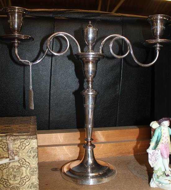 A pair of 19th century Sheffield plate two branch, two light candelabra, 15.5in.